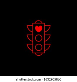 Love Light - Vector creative template. Heart icon as a symbol of love. Stop Love Red Road Sign. Traffic light on black background for valentines day. Thin line illustration in modern style.