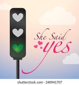 Love Lights - Creative Concept. She Said yes Road Sign with Birds sitting on wire, love ok yellow light, love approved green light .illustration