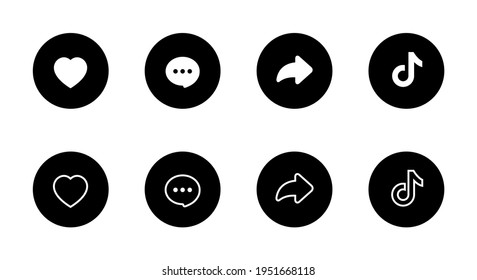Amor, me gusta, comentar, compartir y logotipo. Conjunto de iconos de los medios sociales inspirados por Tiktok. Ilustración vectorial