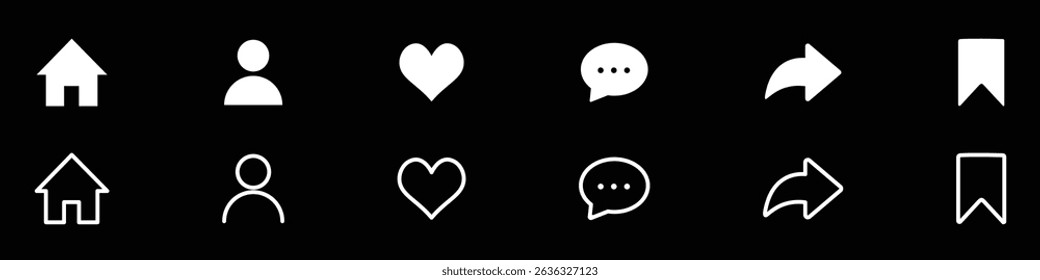 Amor, Me gusta, Comentar, Compartir y Logotipo. Conjunto de iconos de redes sociales