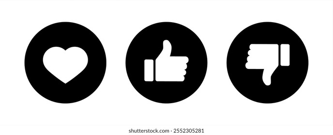 Love, like, and dislike icon on black circle. Heart, hand thumb up and down concept, vector 10 eps.