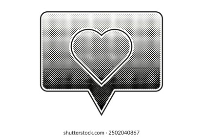 Love and like elements with halftone effect. Black dots and pop art texture. Retro vector illustration