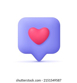 Love like heart social media notification, speech bubble with like.Social media network. 3d vector icon. Cartoon minimal style.