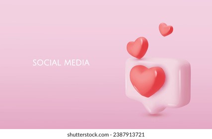 Love like heart social media notification, speech bubble with like. Social media network. 3d vector icon. Cartoon minimal style.