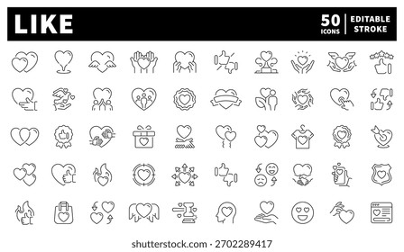 Love and like icons set. editable line icons, outline, social media, engagement