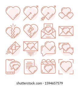 Love and Like set vector illustration. Contains such Icons as Heart, broken heart, couple, gift, romantic letter, message, ring, angel, gadget, bubble, lock. Pixel perfect 64px. Editable Stroke.