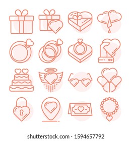 Love and Like set vector illustration. Contains such Icons as Heart, gender, couple, gift, message, ring, mail, mark, book, necklace, gadget, bubble, lock. Pixel perfect 64px. Editable Stroke.