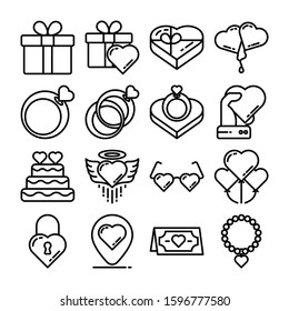Love and Like set vector illustration. Contains such Icons as Heart, gender, couple, gift, message, ring, mail, mark, book, necklace, gadget, bubble, lock. Pixel perfect 64px. Editable Stroke.