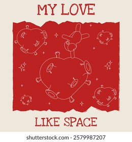 Love like Space concept. Valentine's Day greeting brochure cover template design. Grunge Valentine background with Red Heart. Vector illustration for greeting card poster cover. EPS 10