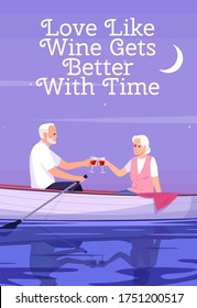 Love like wine poster template. Elderly woman and man in ship on date. Commercial flyer design with semi flat illustration. Vector cartoon promo card. Senior couple advertising invitation