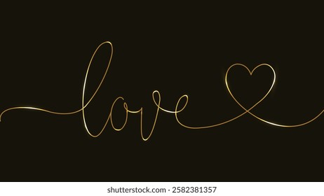 LOVE. Line art. Gold. Hand lettering. Love, heart, relationship. Vector illustration. Typography. Valentine's Day. Continuous line. Script love text. poster, card, banner, wedding, tee, t-shirt. 
