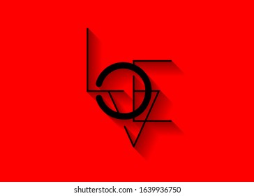 Love line art minimalist text icon Valentines symbol. Love lettering geometric thin line sign with shadow, retro style, Vector illustration isolated on red background
