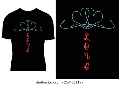 Love line art style drawing and slogan text LOVE. Vector illustration design for fashion graphics, T shirt prints. Tow Love shape on mock T shirt. Valentine design vector, Isolated, printable.