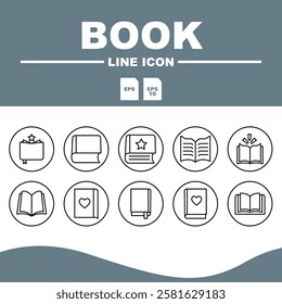 Love Line Editable Icons set, Stacked books icon in outline style, symbolizing libraries and literature collections.