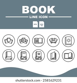 Love Line Editable Icons set, Line book design with additional bookmark elements, emphasizing the theme of reading and references.