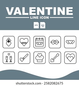 Love Line Editable Icons set, Set of editable Valentine themed line icons, ideal for romantic designs and celebrations of affection.
