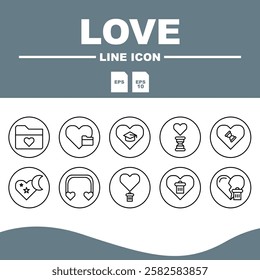  Love Line Editable Icons set, Collection of line art love icons with various elements such as hearts, couples and romantic gifts.