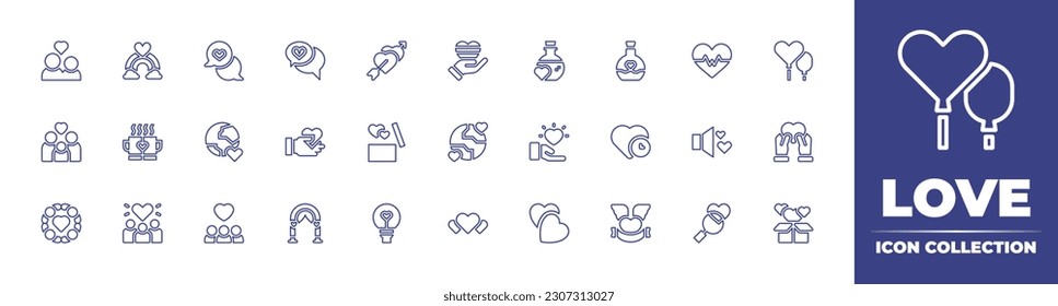 Love line icon collection. Editable stroke. Vector illustration. Containing couple, rainbow, chat, message, hearts, love, potion, heartbeat, family, mugs, mother earth day, give love, gift.