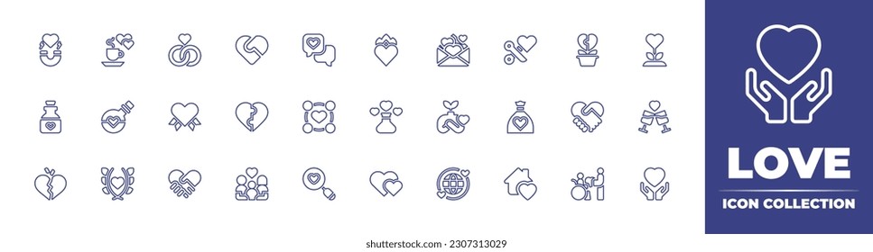 Love line icon collection. Editable stroke. Vector illustration. Containing magnetic, coffee mug, wedding rings, heart, love message, passion, love letter, broken heart, plant, flower, potion.