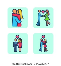 Love line icon set. Couple hugging, kissing, marryin, man and woman in love. Relationship, romance, love concept. Vector illustrations for web design and apps