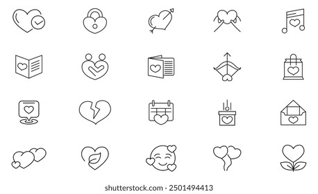 Love line icon set. Love, couple, man, woman, humanity, people, respect, mind, attraction, letter, wedding, balloon outline icon collection. UI thin line icon pack.