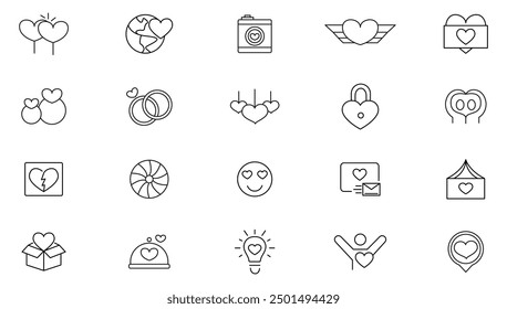 Love line icon set. Love, couple, man, woman, humanity, people, respect, mind, attraction, letter, wedding, balloon outline icon collection. UI thin line icon pack.