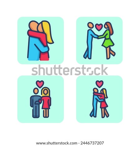 Love line icon set. Couple hugging, kissing, marryin, man and woman in love. Relationship, romance, love concept. Vector illustrations for web design and apps