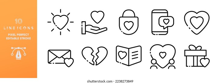 Love line icon set. Editable stroke, sympathy, couple, family, romance, heart, hand, lock, smartphone, chat, correspondence, valentine, surprise, gift. Relationship concept. Vector black line icon set