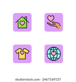 With love line icon set. Hand giving heart, harmony in soul, house and world. Peace, love, romance and affection concept. Vector illustration for web design and apps