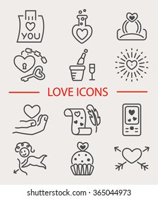 Love line icon set isolated. Twelve Valentine's Day icons for greetings card, labels, badges, illustrations, banners, flyers and other types of design.