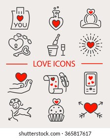 Love line icon set isolated. Twelve Valentine's Day icons for greetings card, labels, badges, illustrations, banners, flyers and other types of design.