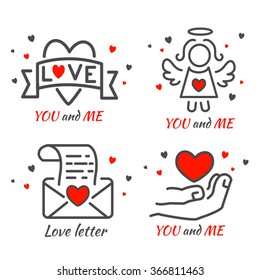 Love line icon set isolated. Four Valentine's Day icons for greetings card, labels, badges, illustrations, banners, flyers and other types of design.