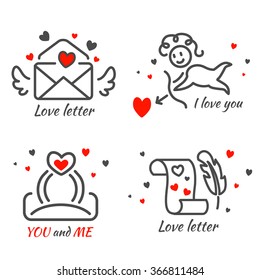 Love line icon set isolated. Four Valentine's Day icons for greetings card, labels, badges, illustrations, banners, flyers and other types of design.