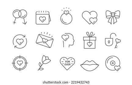 Love line icon set. Romance relationship, wedding, marriage, Saint Valentine day. Vector illustration