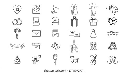 love line icon set with wedding icons, love doves, love couple, love message