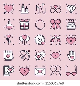 Love line icons concept set. Happy Valentine s day pink signs and symbols. Love, couple, relationship, dating, wedding, holiday, romantic theme. Heart lips gift