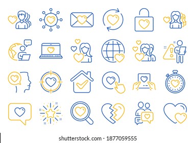 Love line icons. Couple, Romantic and Heart icons. Valentines day love symbols. Divorce or Break up heart, romantic couple. Laptop, timer, communication. Target, valentines day holiday. Vector