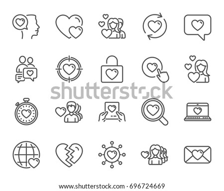 Love line icons. Couple, Romantic and Heart signs. Valentines day symbols. Divorce or Break up. Quality design elements. Editable stroke. Vector
