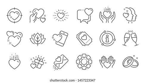 Love line icons. Gift box, Heart and Romantic letter. Wedding rings, glasses with champagne, love heart icons. Linear set. Quality line set. Vector