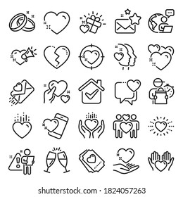 Love line icons. Gift box, Broken heart and Romantic letter. Wedding rings, glasses with champagne, love heart icons. Happy couple, heart holding, romantic loudspeaker. Line icon set. Vector