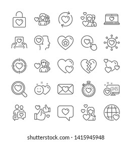 Love line icons. Heart, Couple and Valentines day icons. Romantic love symbols. Divorce or Break up heart, romantic couple. Laptop, timer, communication. Target, valentines day holiday. Vector