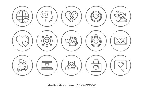 Love line icons. Heart, Valentines day and Relationships. Romantic linear icon set. Line buttons with icon. Editable stroke. Vector