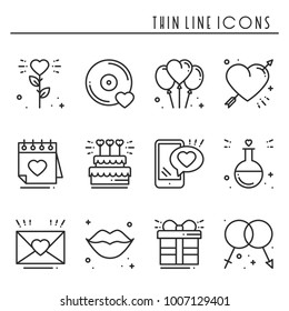 Love line icons set. Happy Valentine day signs and symbols. Love, couple, relationship, dating, wedding, holiday, romantic amour theme. Heart lips gift