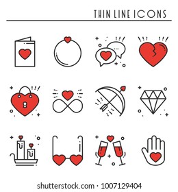 Love line icons set. Happy Valentine day signs and symbols. Love, couple, relationship, dating, wedding, holiday, romantic amour theme Heart gift