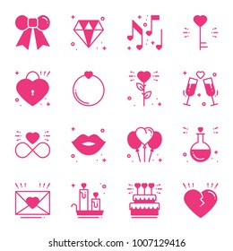 Love line icons set. Happy Valentine day pink silhouette signs and symbols. Love, couple, relationship, dating, wedding, holiday, romantic theme. Heart lips gift