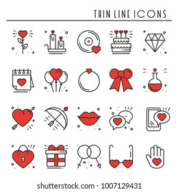Love line icons set. Happy Valentine day signs and symbols. Love, couple, relationship, dating, wedding, holiday, romantic amour theme. Heart, lips, gift.