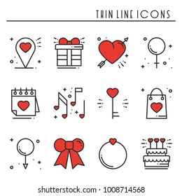 Love line icons set. Happy Valentine day signs and symbols. Love, couple, relationship, dating, wedding, holiday, romantic amour theme. Heart, lips, gift.