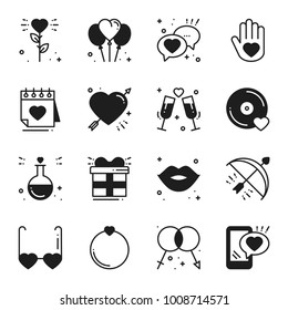 Love line icons set. Happy Valentine day silhouette signs and symbols. Love, couple, relationship, dating, wedding, holiday, romantic theme. Heart lips gift