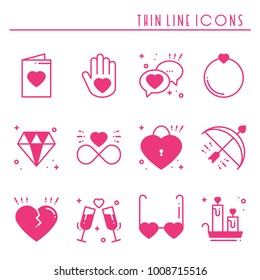 Love line icons set. Happy Valentine day pink silhouette signs and symbols. Love, couple, relationship, dating, wedding, holiday, romantic theme. Heart gift
