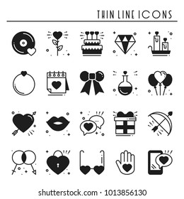Love line icons set. Happy Valentine day silhouette signs and symbols. Love, couple, relationship, dating, wedding, holiday, romantic theme. Heart lips gift